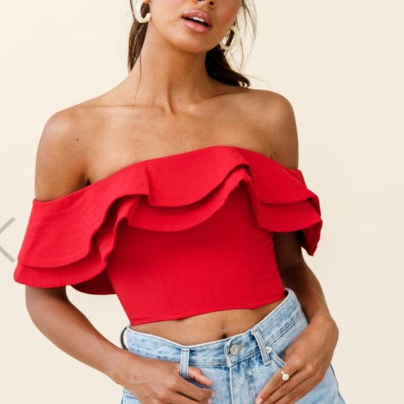 SELFIE LESLIE/ red ruffle crop top S - Picture 2 of 6